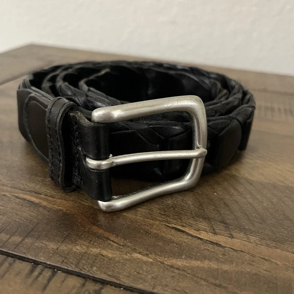 Braided Leather Folded Belt Men's Sz 38 Black Silver Buckle